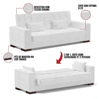 Sofá Cama 02 Lugares Corano Branco Pés De Madeira