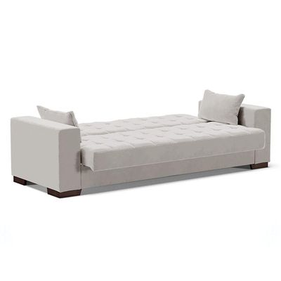 Sofá Cama 02 Lugares Veludo Cinza Pés De Madeira
