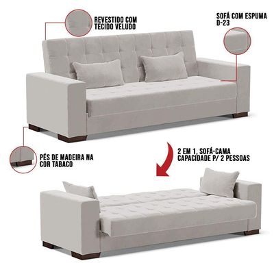 Sofá Cama 02 Lugares Veludo Cinza Pés De Madeira