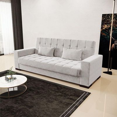 Sofá Cama 02 Lugares Veludo Cinza Pés De Madeira