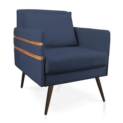 Poltrona Mari Suede Azul Marinho Pés Palito De Ferro Marrom