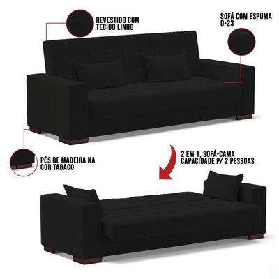 Sofá Cama 02 Lugares Linho Preto A79 Pés De Madeira
