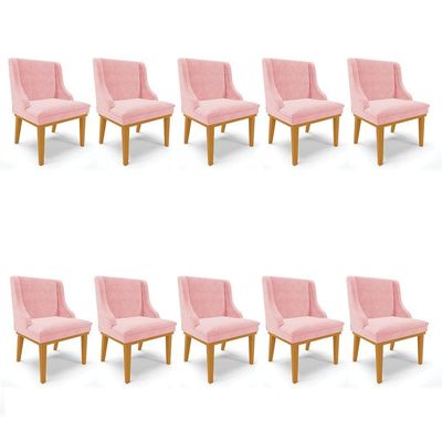 Kit 10 Cadeiras De Jantar Base Madeira Castanho Rosa Bebê
