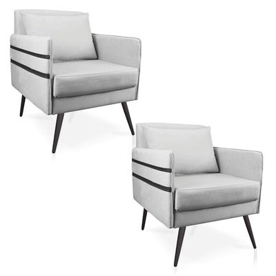Kit 02 Poltronas Mari Suede Cinza Pés Palito De Ferro Preto