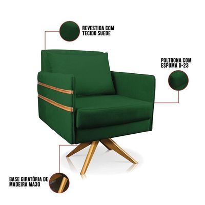 Poltrona Giratória Mari Suede Base De Madeira Ma30 Verde