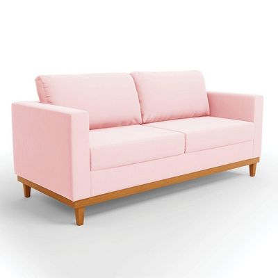 Sofá 03 Lugares Juliette Base Madeira Castanho Cor Rosa Bebê