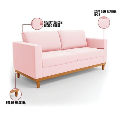 Sofá 03 Lugares Juliette Base Madeira Castanho Cor Rosa Bebê