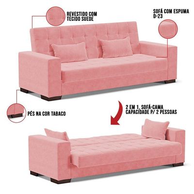Sofá Cama 02 Lugares Lisboa Suede Pés De Madeira Cor Rose