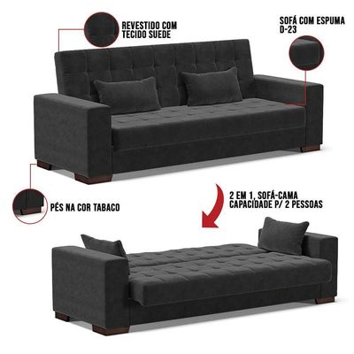 Sofá Cama 02 Lugares Lisboa Suede Pés De Madeira Cor Preto