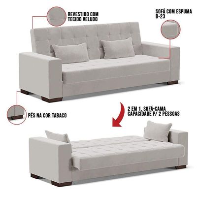 Sofá Cama 02 Lugares Lisboa Veludo - D'Rossi Cor Cinza