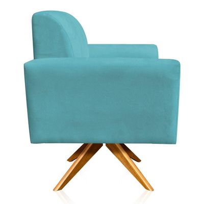 Poltrona Giratória Gomada Base Madeira Azul Turquesa