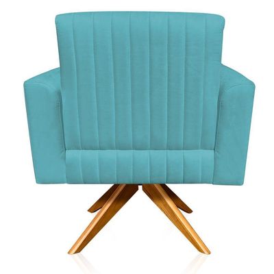 Poltrona Giratória Gomada Base Madeira Azul Turquesa