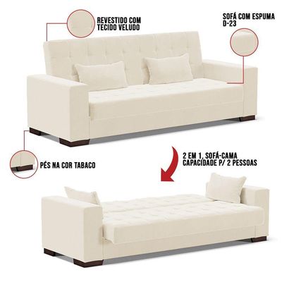 Sofá Cama 02 Lugares Lisboa Veludo - D'Rossi Cor Bege