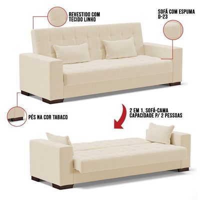 Sofá Cama 02 Lugares Lisboa Linho - D'Rossi Cor A19 Bege