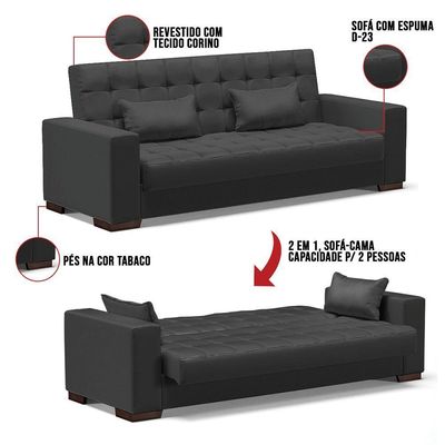 Sofá Cama 02 Lugares Lisboa Corino - D'Rossi Cor Preto