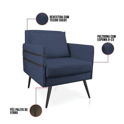 Poltrona Mari Suede Pés Palito De Ferro Preto Azul Marinho