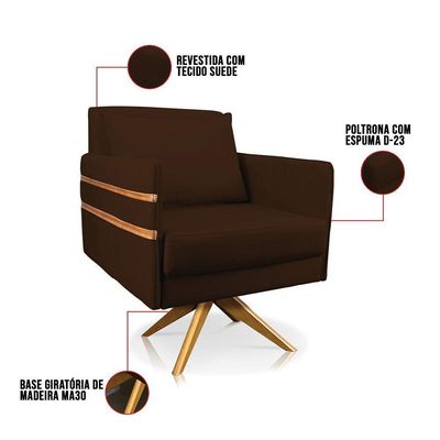 Poltrona Giratória Mari Suede Base De Madeira Ma30 Marrom