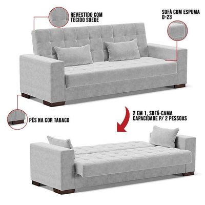 Sofá Cama 02 Lugares Lisboa Suede Pés De Madeira Cor Cinza