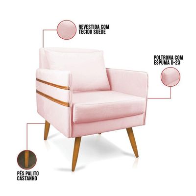 Poltrona Mari Suede Pés Palito Castanho - D'Rossi Rosa Bebê