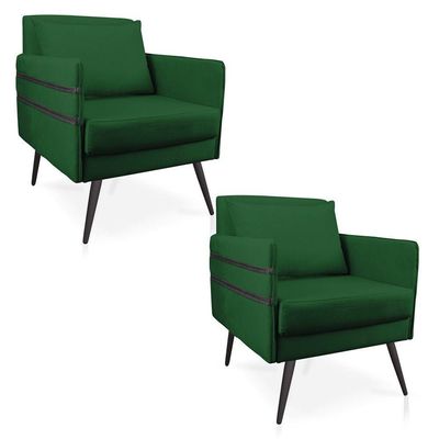 Kit 02 Poltronas Mari Suede Pés Palito De Ferro Preto Verde