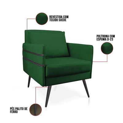 Kit 02 Poltronas Mari Suede Pés Palito De Ferro Preto Verde
