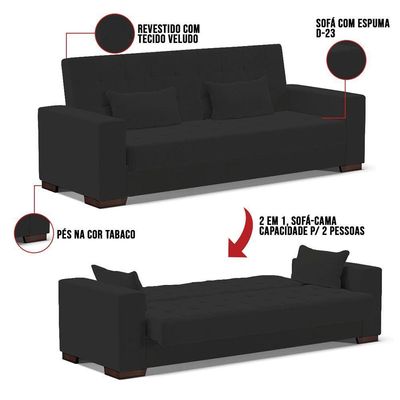 Sofá Cama 02 Lugares Lisboa Veludo - D'Rossi Cor Preto