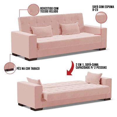Sofá Cama 02 Lugares Lisboa Veludo - D'Rossi Cor Rose