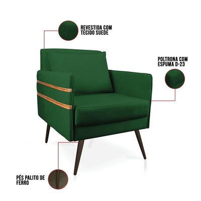 Poltrona Mari Suede Verde Pés Palito De Ferro Marrom D'Rossi