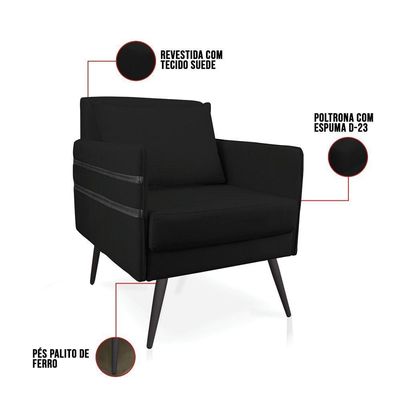 Poltrona Mari Suede Preto Pés Palito De Ferro Preto D'Rossi
