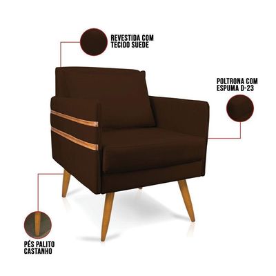 Poltrona Mari Suede Pés Palito Castanho - D'Rossi Marrom