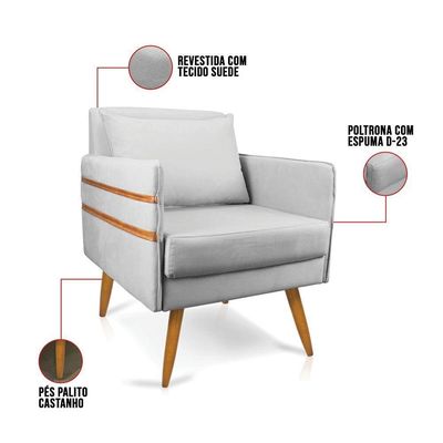 Poltrona Mari Suede Pés Palito Castanho - D'Rossi Cinza