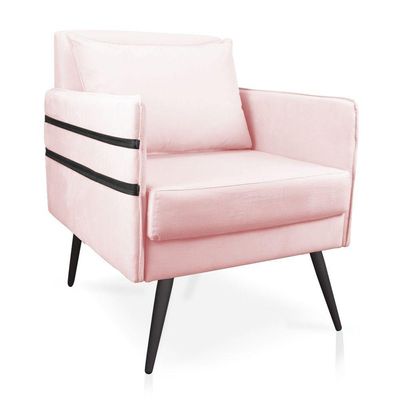 Poltrona Mari Suede Pés Palito De Ferro Preto Rosa Bebê