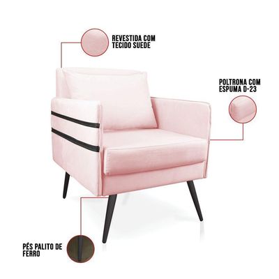 Poltrona Mari Suede Pés Palito De Ferro Preto Rosa Bebê