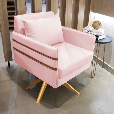 Poltrona Giratória Mari Suede Base De Madeira Ma30 Rosa Bebê