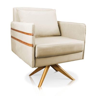 Poltrona Giratória Mari Suede Bege Base De Madeira Ma30