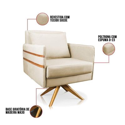 Poltrona Giratória Mari Suede Bege Base De Madeira Ma30