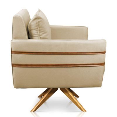 Poltrona Giratória Mari Suede Bege Base De Madeira Ma30