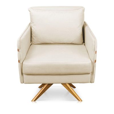 Poltrona Giratória Mari Suede Bege Base De Madeira Ma30
