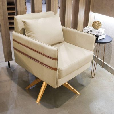 Poltrona Giratória Mari Suede Bege Base De Madeira Ma30
