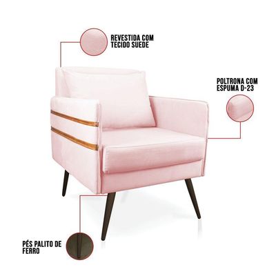 Poltrona Mari Suede Pés Palito De Ferro Marrom Rosa Bebê