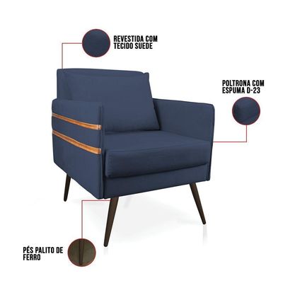 Poltrona Mari Suede Pés Palito De Ferro Marrom Azul Marinho