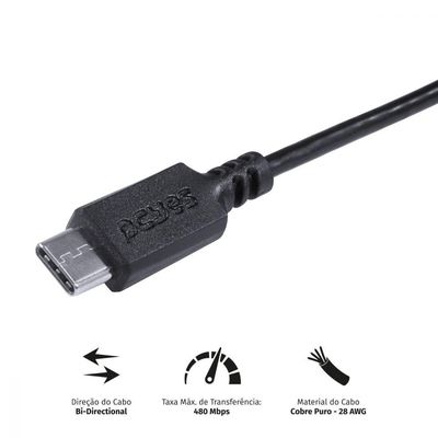 Cabo Para Celular Smartphone Usb A 2.0 Para Usb Tipo C Para 2 Metros Preto - Puacp-02