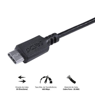 Cabo Para Celular Smartphone Usb A 2.0 Para Usb Tipo C Para 2 Metros Preto - Puacp-02