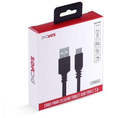Cabo Para Celular Smartphone Usb A 2.0 Para Usb Tipo C Para 2 Metros Preto - Puacp-02