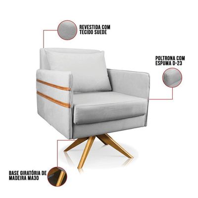 Poltrona Giratória Mari Suede Cinza Base De Madeira Ma30