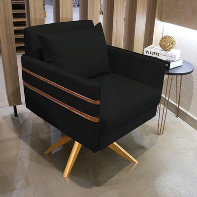 Poltrona Giratória Mari Suede Preto Base De Madeira Ma30