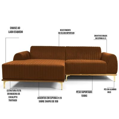 Sofá 300cm 5 Lugares Chaise Esquerdo Pés Gold B-262 Telha