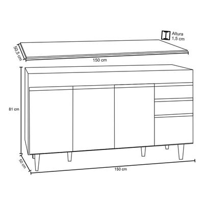 Balcão Gabinete Para Pia 150cm Com Tampo 4 Portas 2 Gavetas