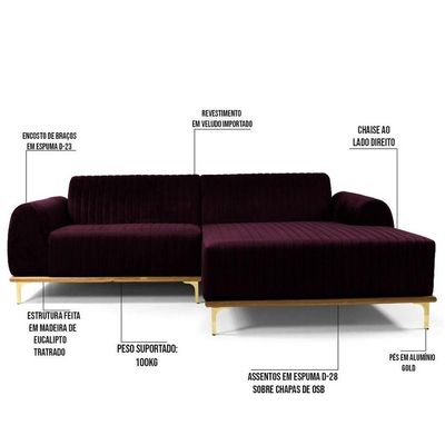 Sofá 300cm 5 Lugares Com Chaise DireitoMolino B-292 Veludo