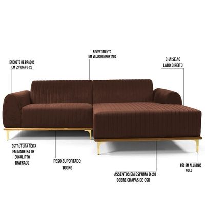 Sofá 300cm 5 Lugares Chaise Direito Pés Gold B-276 Terra